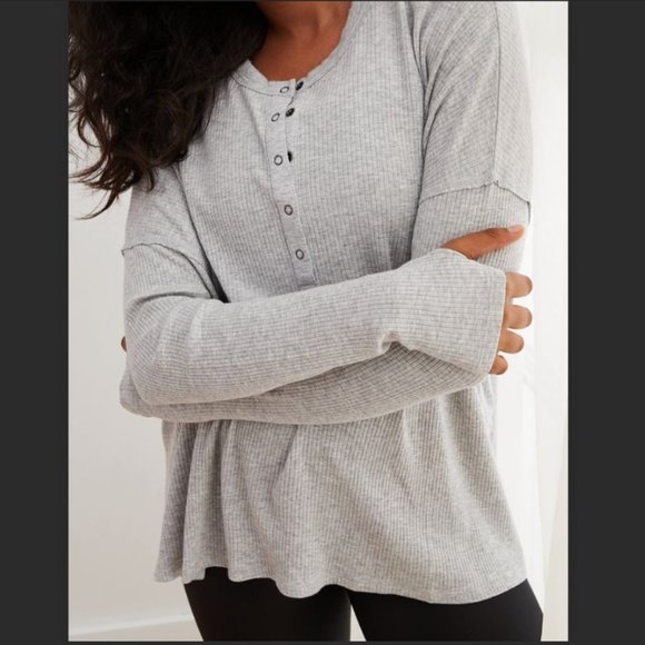 Aerie Ribbed Henley Long Sleeve T-Shirt - White - Picture 7 of 12